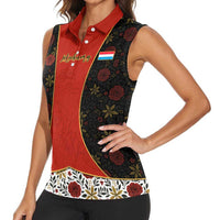 Luxembourg Women Sleeveless Polo Shirt with Floral Folk Embroidery and Red Black Pattern Design