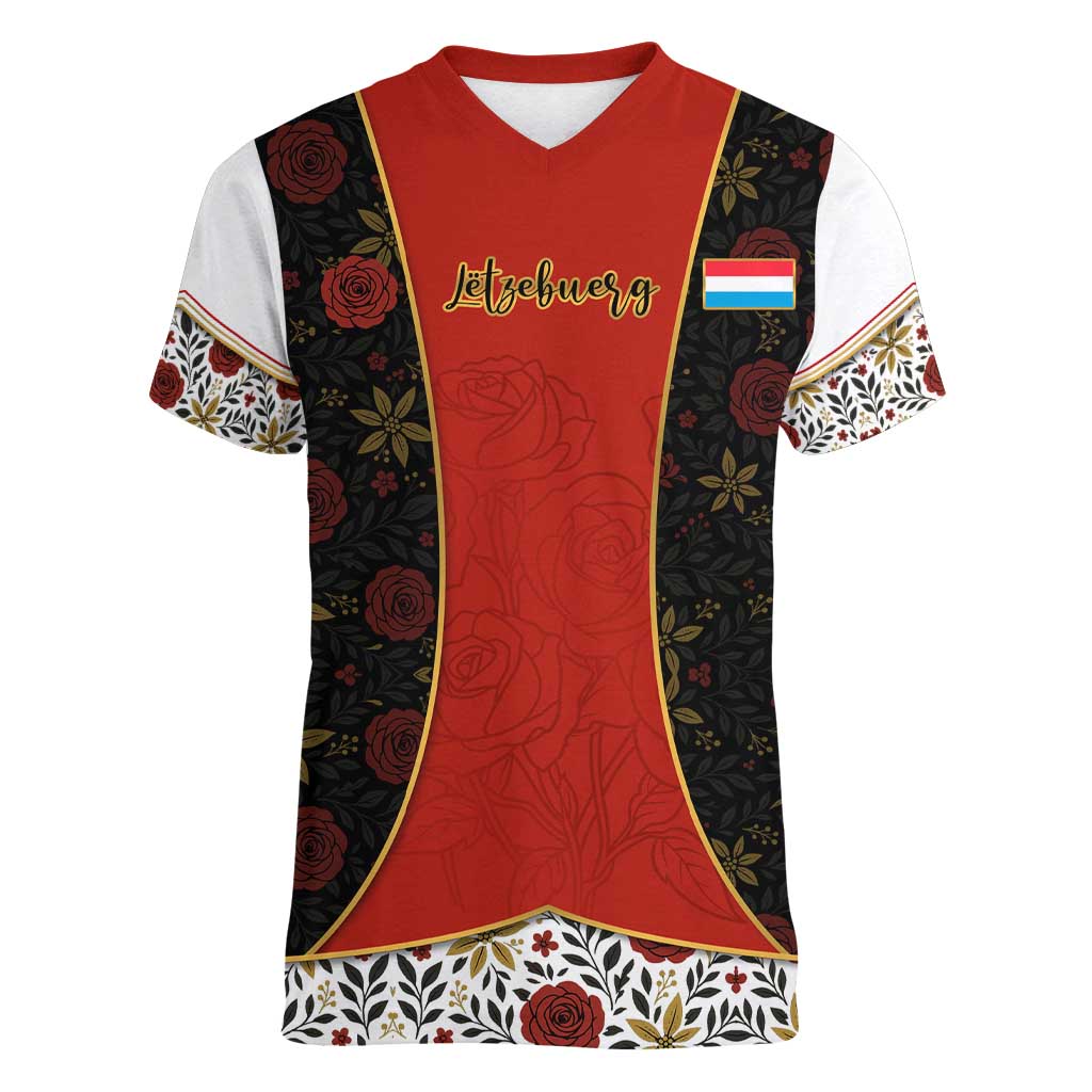 Luxembourg Women V-Neck T-Shirt with Floral Folk Embroidery and Red Black Pattern Design