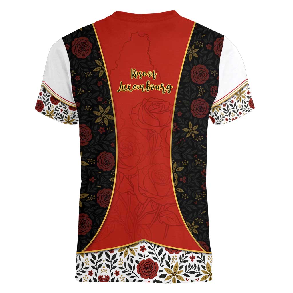 Luxembourg Women V-Neck T-Shirt with Floral Folk Embroidery and Red Black Pattern Design