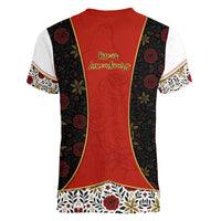 Luxembourg Women V-Neck T-Shirt with Floral Folk Embroidery and Red Black Pattern Design