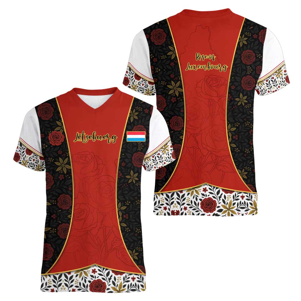 Luxembourg Women V-Neck T-Shirt with Floral Folk Embroidery and Red Black Pattern Design