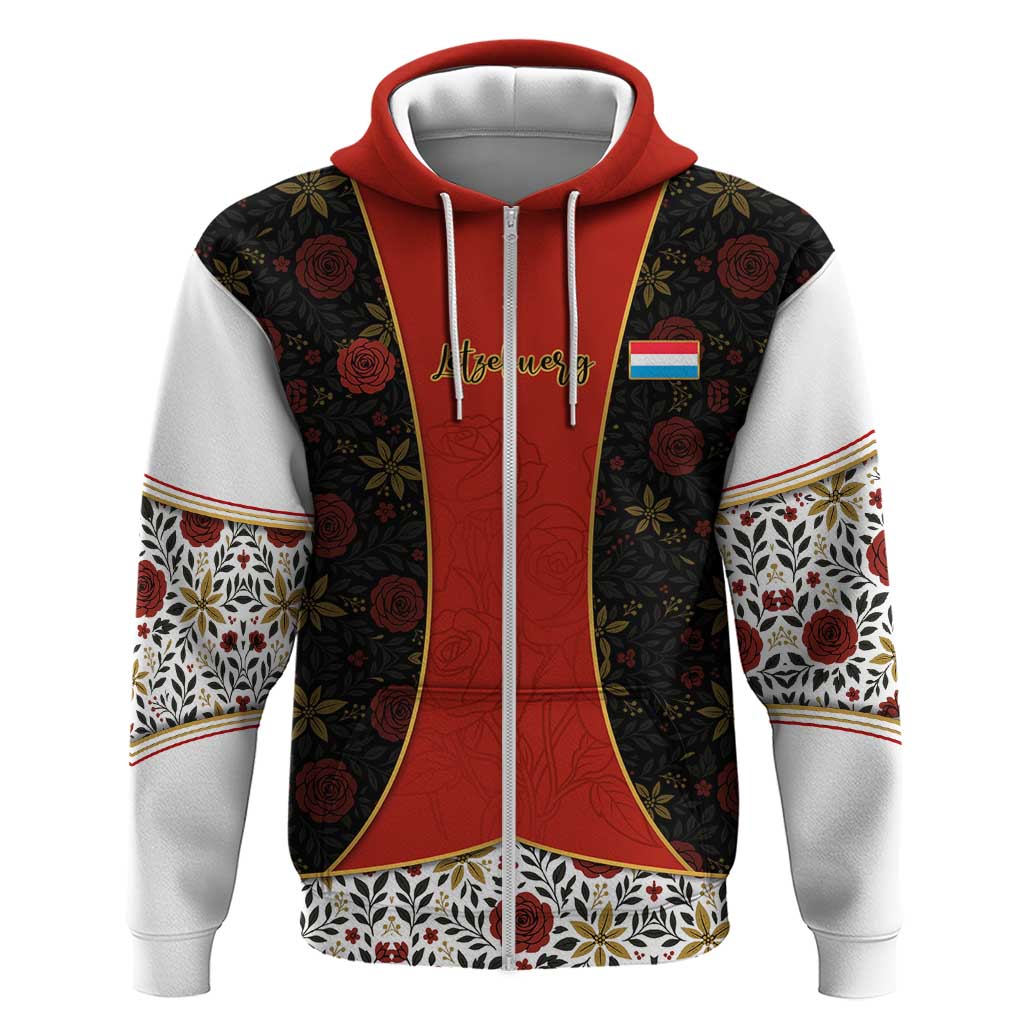 Luxembourg Zip Hoodie with Floral Folk Embroidery and Red Black Pattern Design