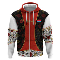 Luxembourg Zip Hoodie with Floral Folk Embroidery and Red Black Pattern Design