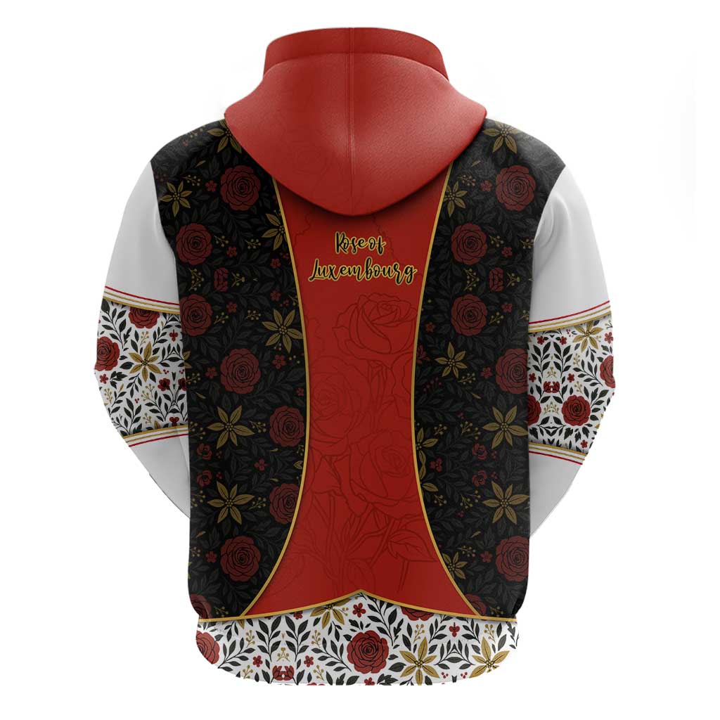 Luxembourg Zip Hoodie with Floral Folk Embroidery and Red Black Pattern Design