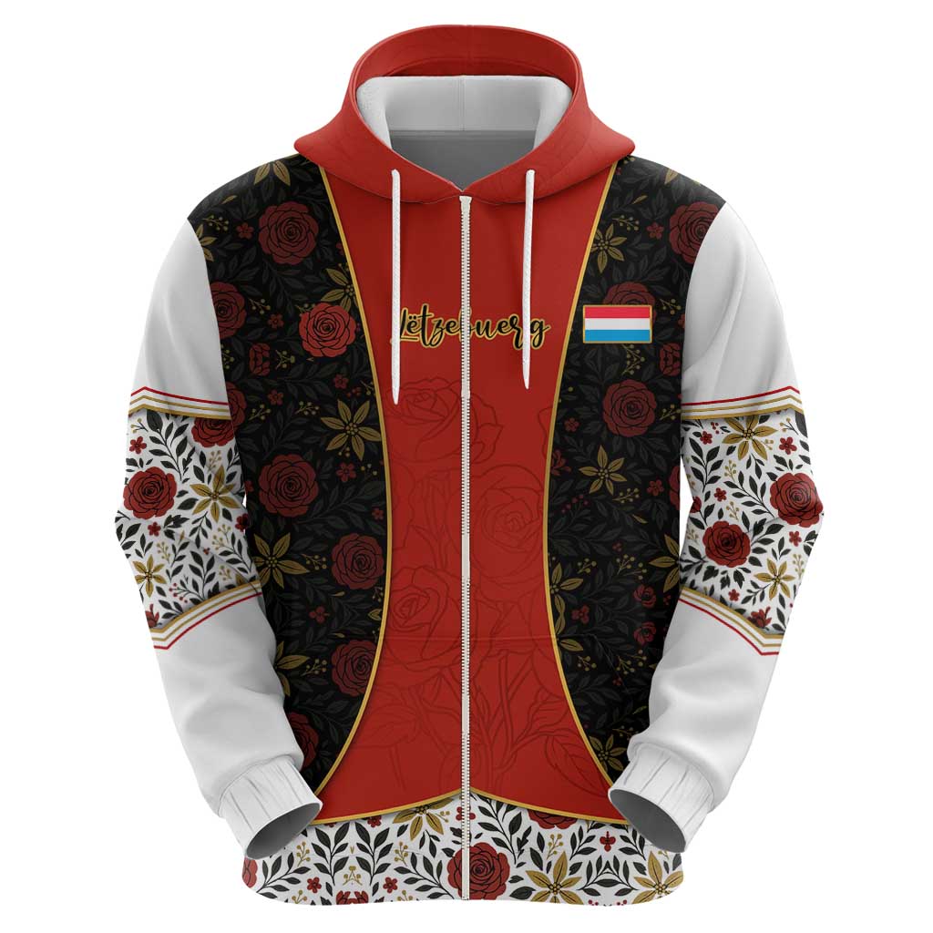 Luxembourg Zip Hoodie with Floral Folk Embroidery and Red Black Pattern Design