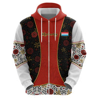 Luxembourg Zip Hoodie with Floral Folk Embroidery and Red Black Pattern Design