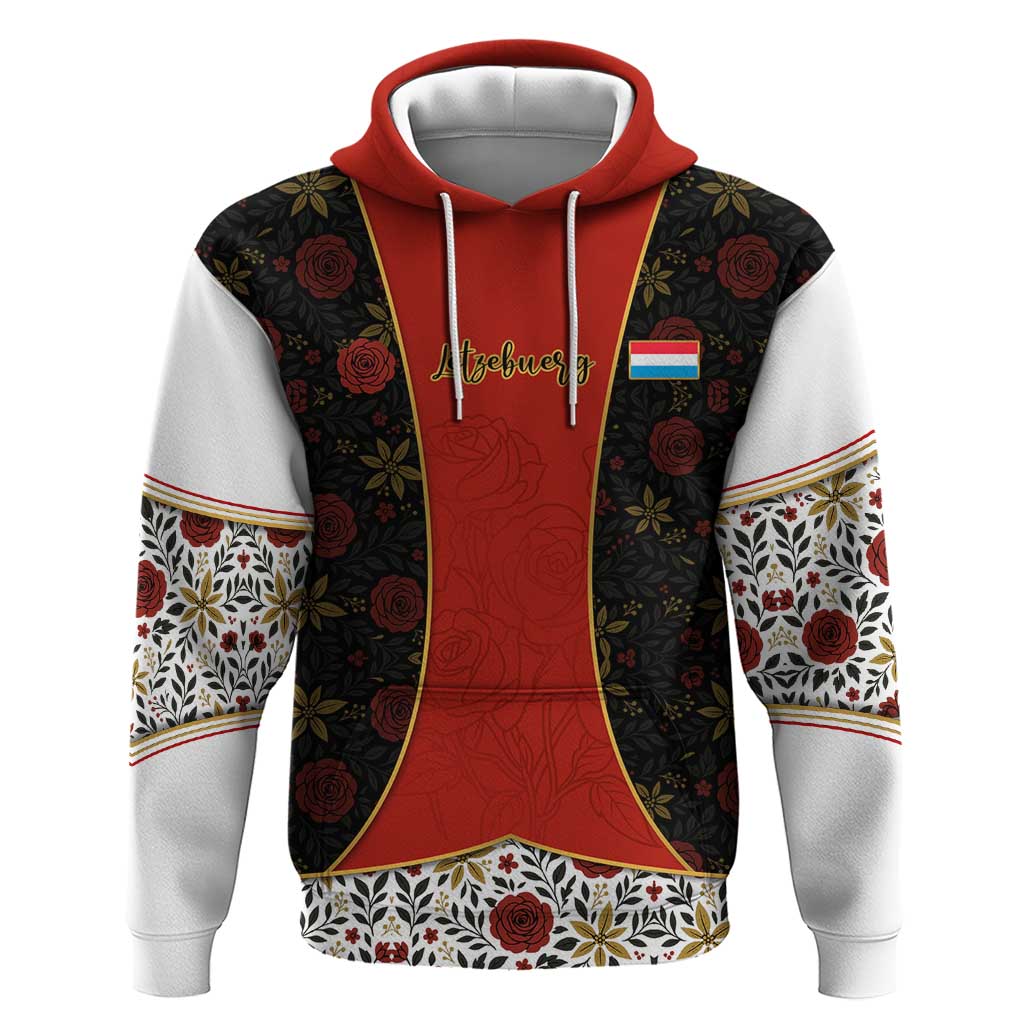 Luxembourg Zip Hoodie with Floral Folk Embroidery and Red Black Pattern Design