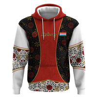 Luxembourg Zip Hoodie with Floral Folk Embroidery and Red Black Pattern Design