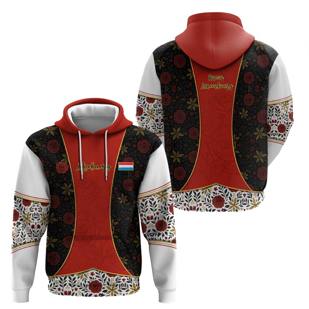 Luxembourg Zip Hoodie with Floral Folk Embroidery and Red Black Pattern Design