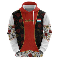 Luxembourg Zip Hoodie with Floral Folk Embroidery and Red Black Pattern Design