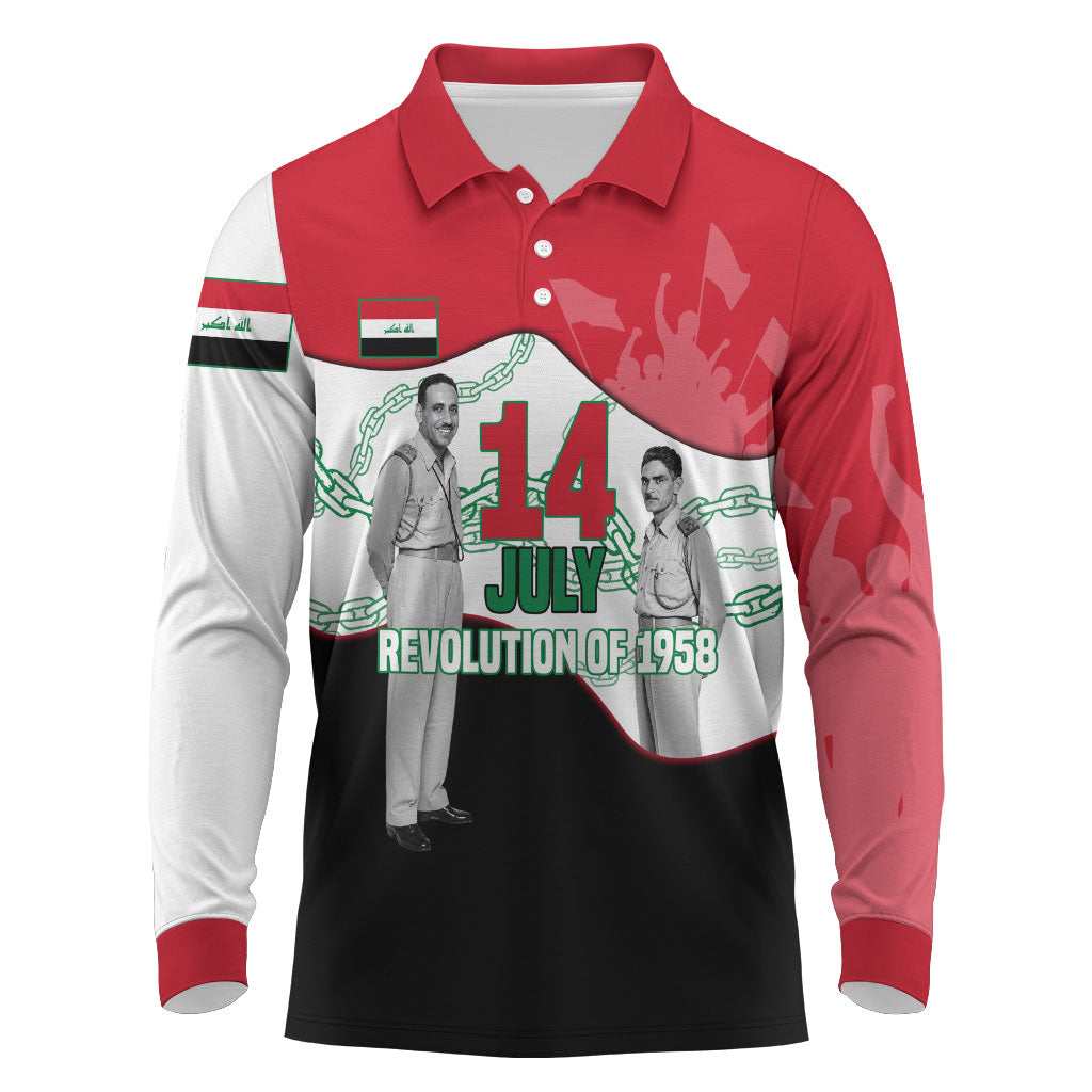 Iraq 14 July Revolution 1958 Long Sleeve Polo Shirt Abdul Karim Qasim Broken Chains Rising Fists