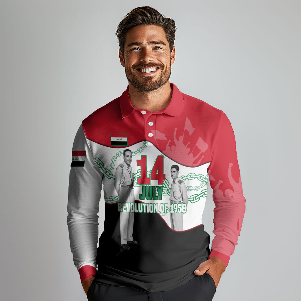 Iraq 14 July Revolution 1958 Long Sleeve Polo Shirt Abdul Karim Qasim Broken Chains Rising Fists