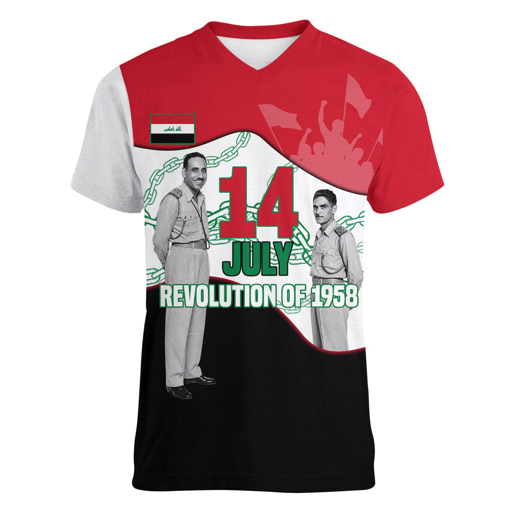 Iraq 14 July Revolution 1958 Women V-Neck T-Shirt Abdul Karim Qasim Broken Chains Rising Fists