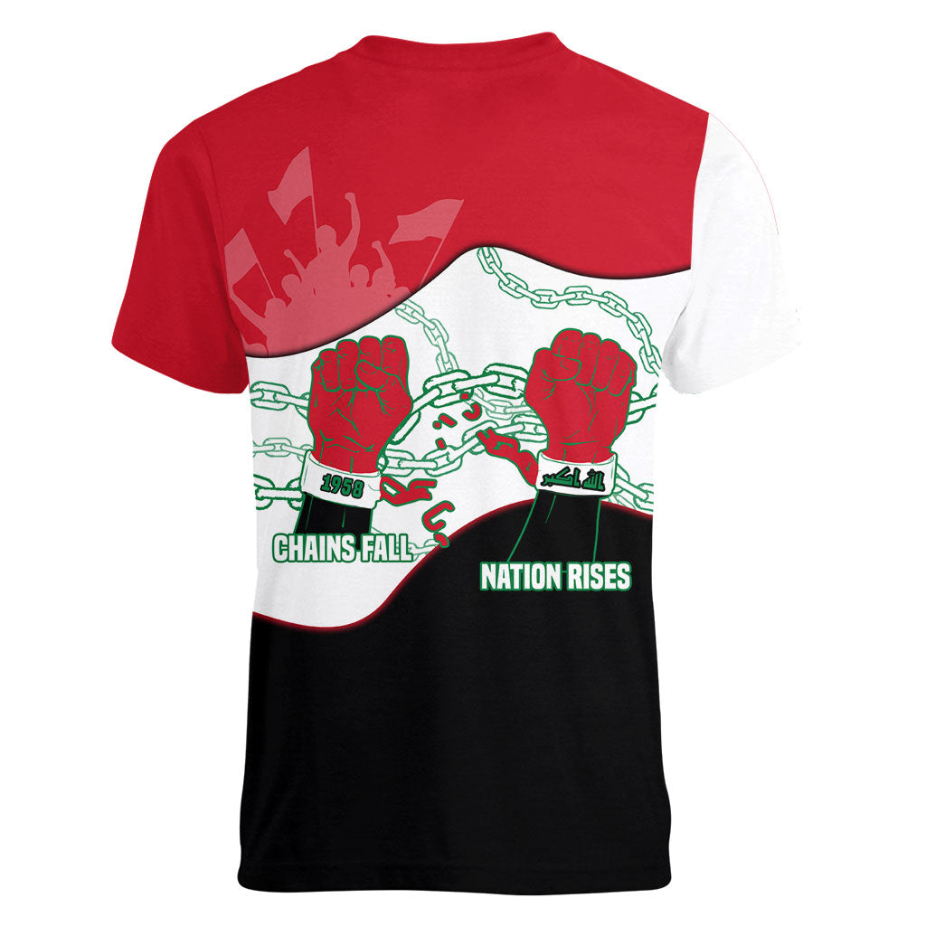 Iraq 14 July Revolution 1958 Women V-Neck T-Shirt Abdul Karim Qasim Broken Chains Rising Fists