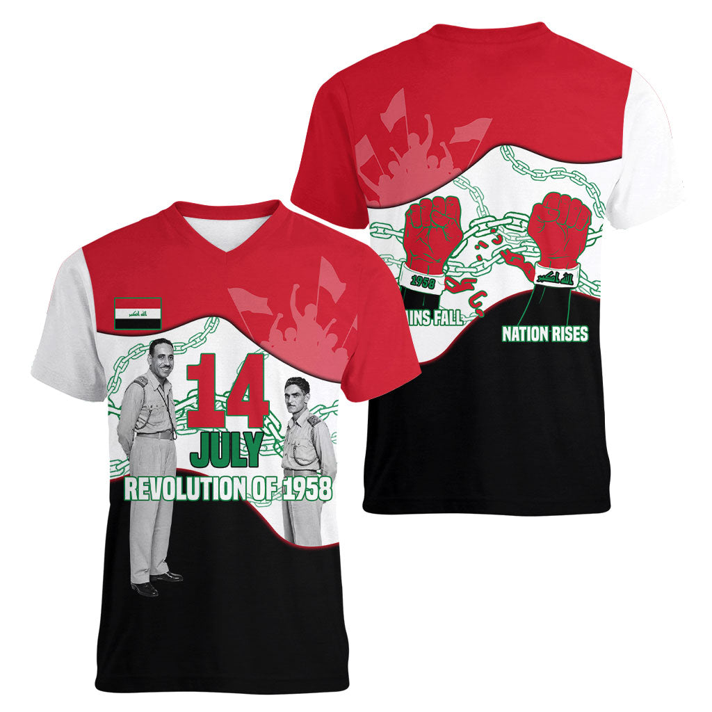 Iraq 14 July Revolution 1958 Women V-Neck T-Shirt Abdul Karim Qasim Broken Chains Rising Fists
