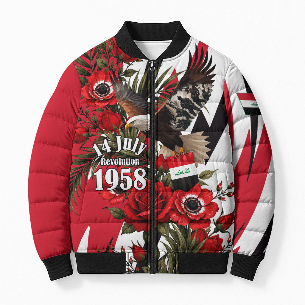 Iraq Revolution Soaring Eagle Bomber Puffer Jacket Iraqi Flag Red Roses Floral Design