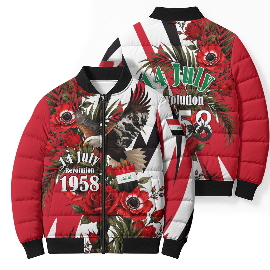 Iraq Revolution Soaring Eagle Bomber Puffer Jacket Iraqi Flag Red Roses Floral Design