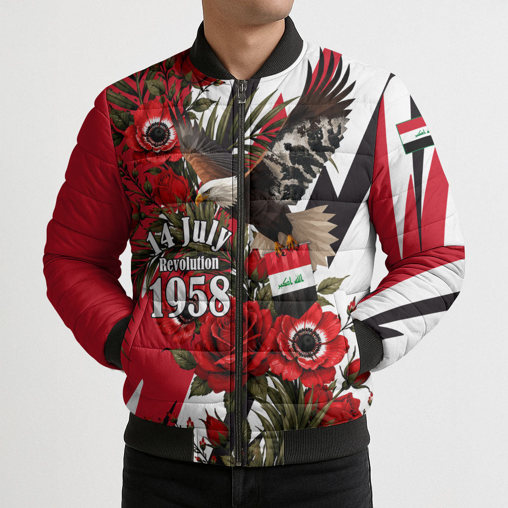 Iraq Revolution Soaring Eagle Bomber Puffer Jacket Iraqi Flag Red Roses Floral Design