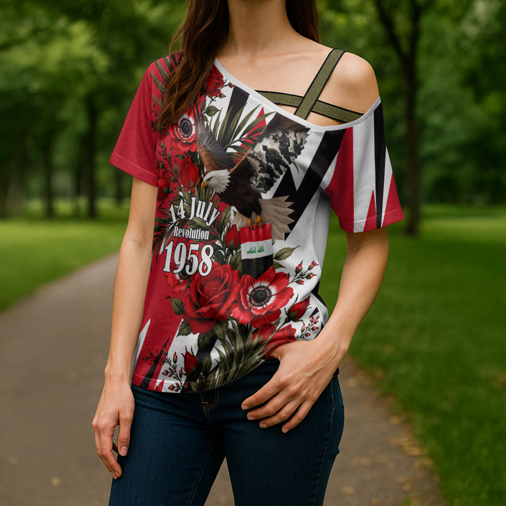 Iraq Revolution Soaring Eagle Cross Shoulder Shirt Iraqi Flag Red Roses Floral Design