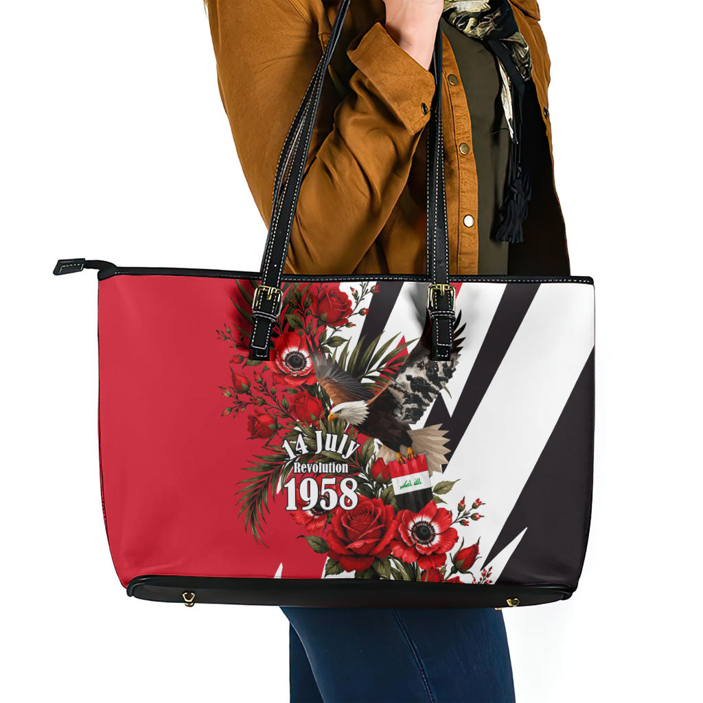 Iraq Revolution Soaring Eagle Leather Tote Bag Iraqi Flag Red Roses Floral Design