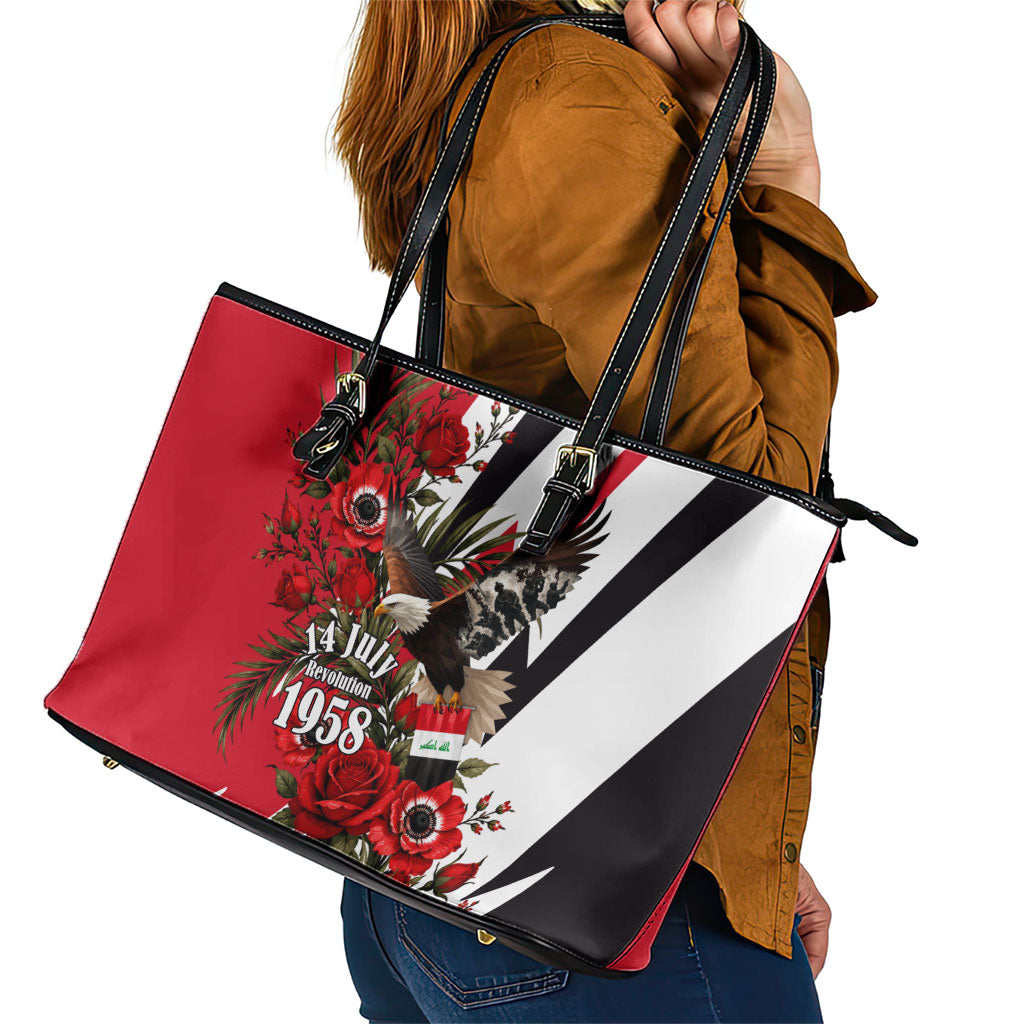 Iraq Revolution Soaring Eagle Leather Tote Bag Iraqi Flag Red Roses Floral Design