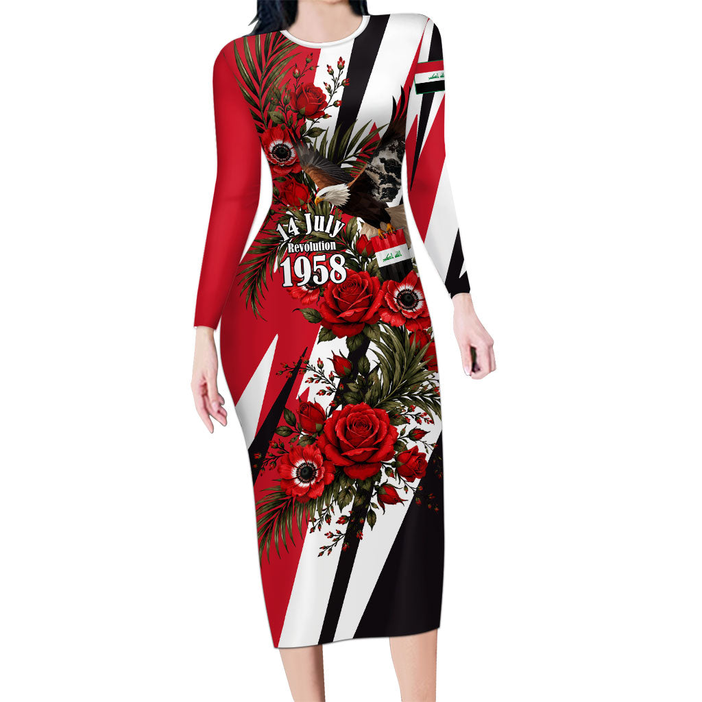 Iraq Revolution Soaring Eagle Long Sleeve Bodycon Dress Iraqi Flag Red Roses Floral Design