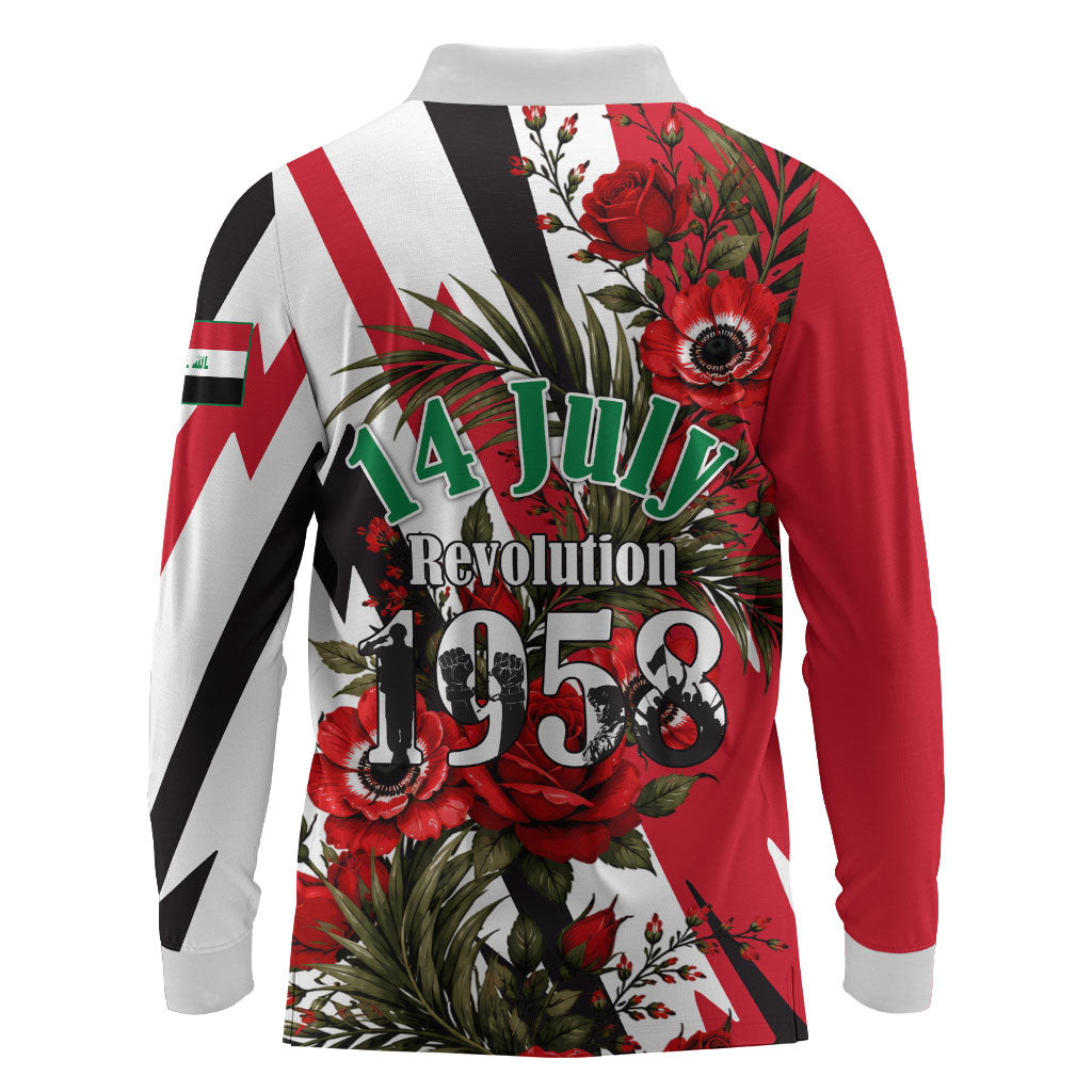 Iraq Revolution Soaring Eagle Long Sleeve Polo Shirt Iraqi Flag Red Roses Floral Design