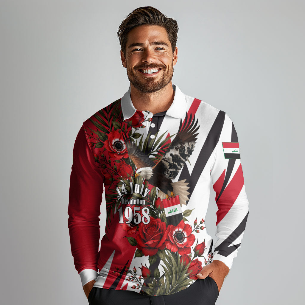 Iraq Revolution Soaring Eagle Long Sleeve Polo Shirt Iraqi Flag Red Roses Floral Design