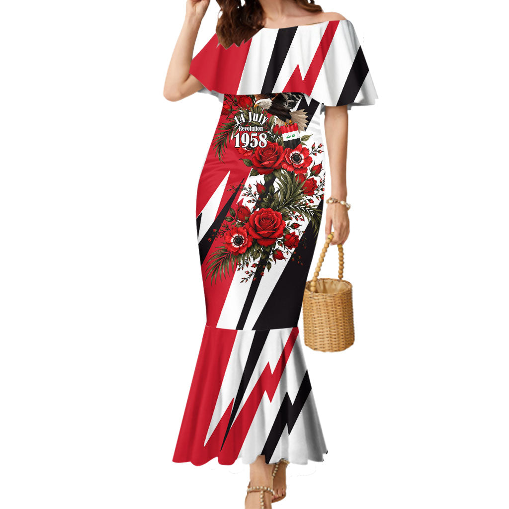 Iraq Revolution Soaring Eagle Mermaid Dress Iraqi Flag Red Roses Floral Design