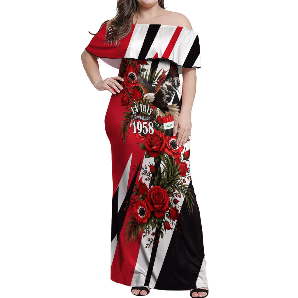 Iraq Revolution Soaring Eagle Off Shoulder Maxi Dress Iraqi Flag Red Roses Floral Design
