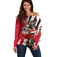 Iraq Revolution Soaring Eagle Off Shoulder Sweater Iraqi Flag Red Roses Floral Design