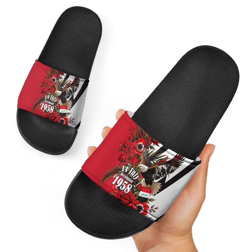 Iraq Revolution Soaring Eagle Slide Sandals Iraqi Flag Red Roses Floral Design
