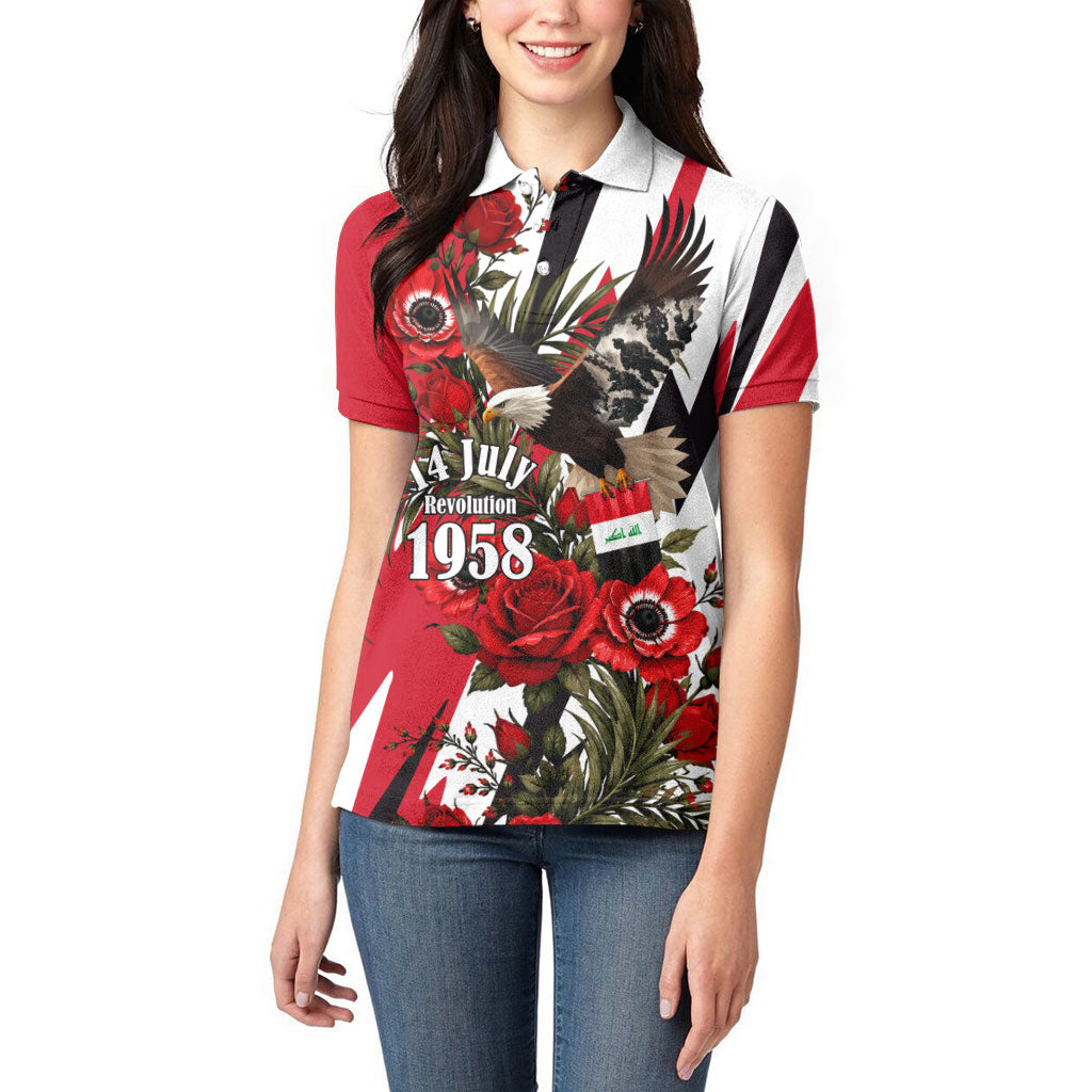 Iraq Revolution Soaring Eagle Women Polo Shirt Iraqi Flag Red Roses Floral Design