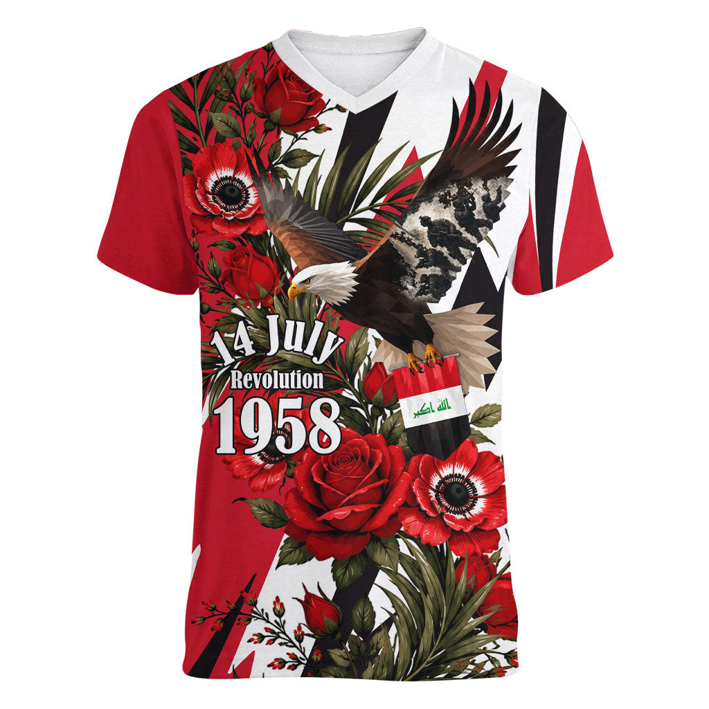 Iraq Revolution Soaring Eagle Women V-Neck T-Shirt Iraqi Flag Red Roses Floral Design
