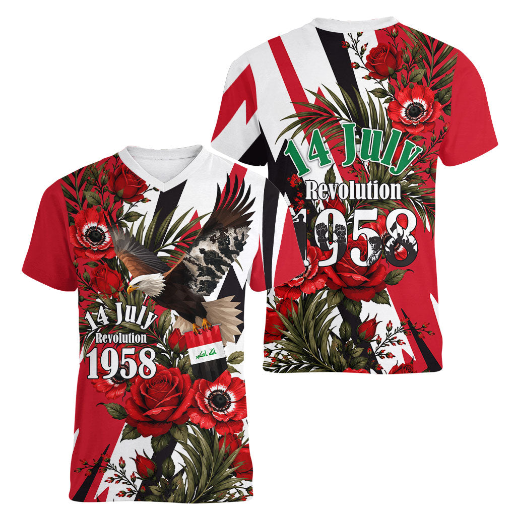 Iraq Revolution Soaring Eagle Women V-Neck T-Shirt Iraqi Flag Red Roses Floral Design