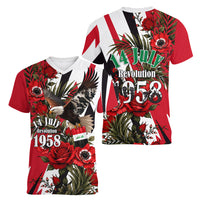 Iraq Revolution Soaring Eagle Women V-Neck T-Shirt Iraqi Flag Red Roses Floral Design