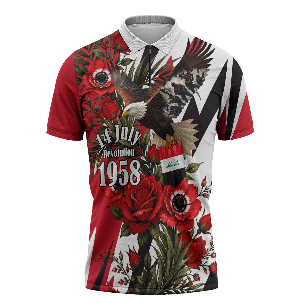 Iraq Revolution Soaring Eagle Zipper Polo Shirt Iraqi Flag Red Roses Floral Design