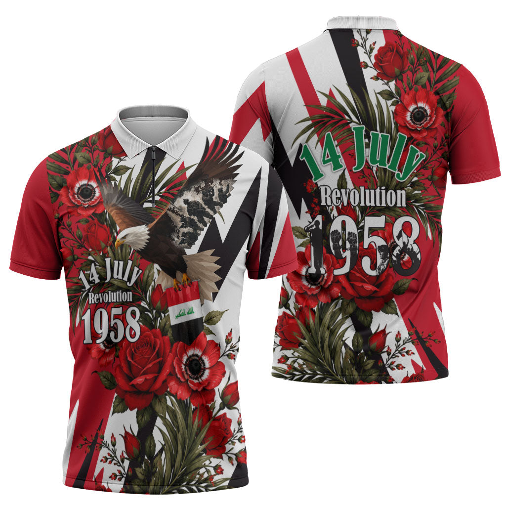 Iraq Revolution Soaring Eagle Zipper Polo Shirt Iraqi Flag Red Roses Floral Design