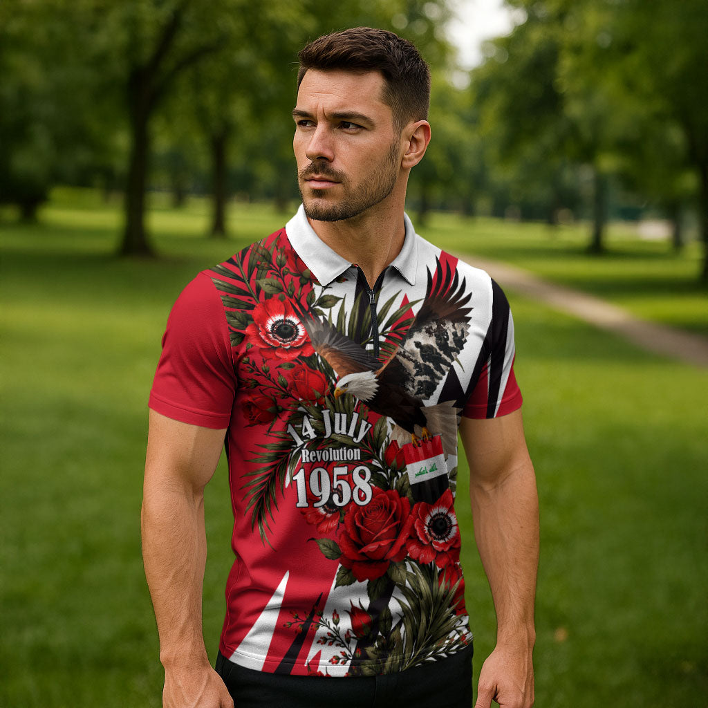 Iraq Revolution Soaring Eagle Zipper Polo Shirt Iraqi Flag Red Roses Floral Design
