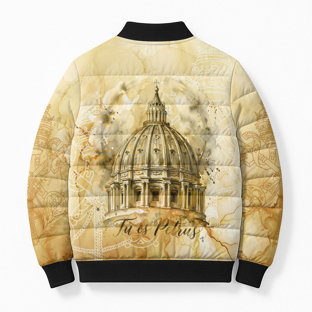 Vatican City St Peters Basilica Bomber Puffer Jacket Papal Tiara - Tu Es Petrus Catholic Watercolor