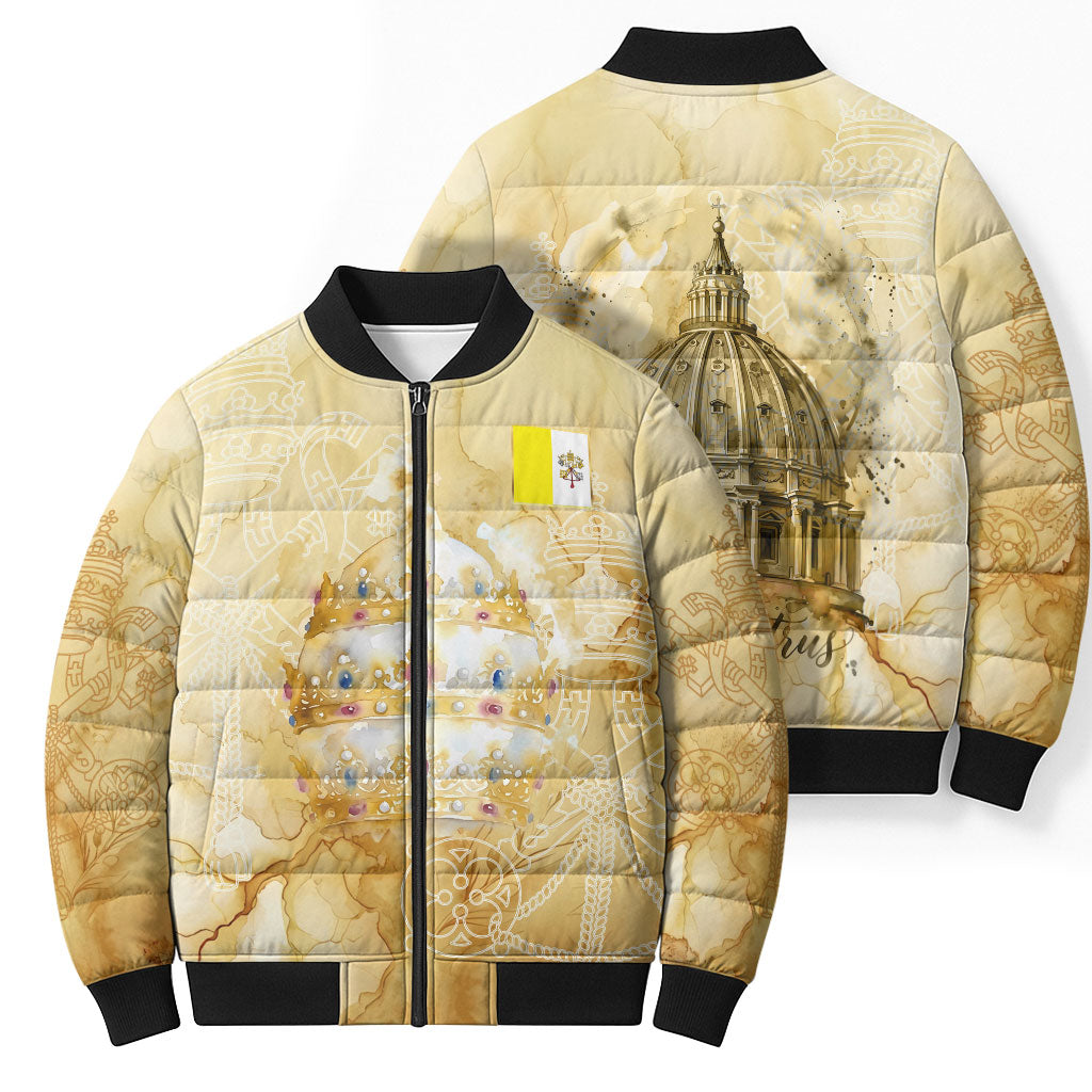 Vatican City St Peters Basilica Bomber Puffer Jacket Papal Tiara - Tu Es Petrus Catholic Watercolor