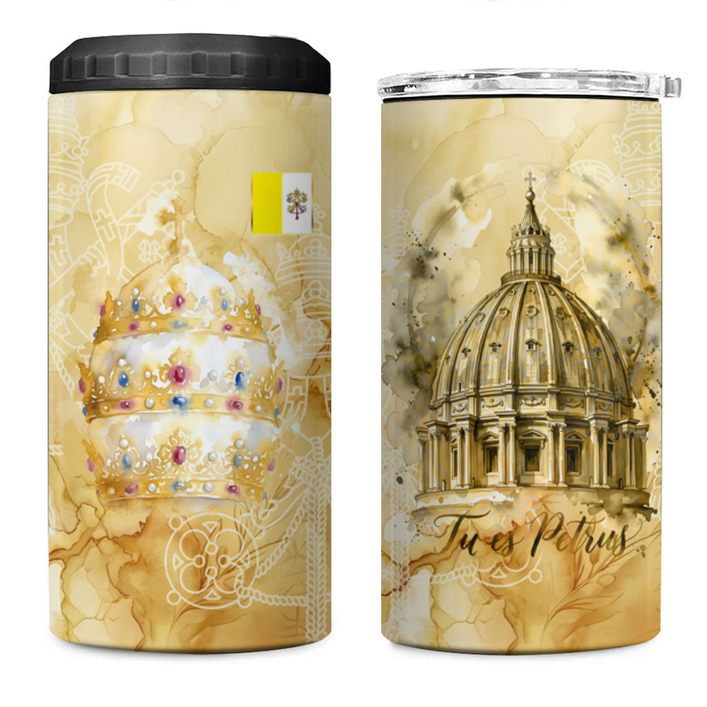 Vatican City St Peters Basilica 4 in 1 Can Cooler Tumbler Papal Tiara - Tu Es Petrus Catholic Watercolor