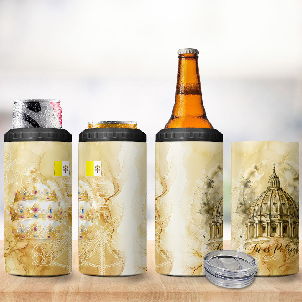 Vatican City St Peters Basilica 4 in 1 Can Cooler Tumbler Papal Tiara - Tu Es Petrus Catholic Watercolor