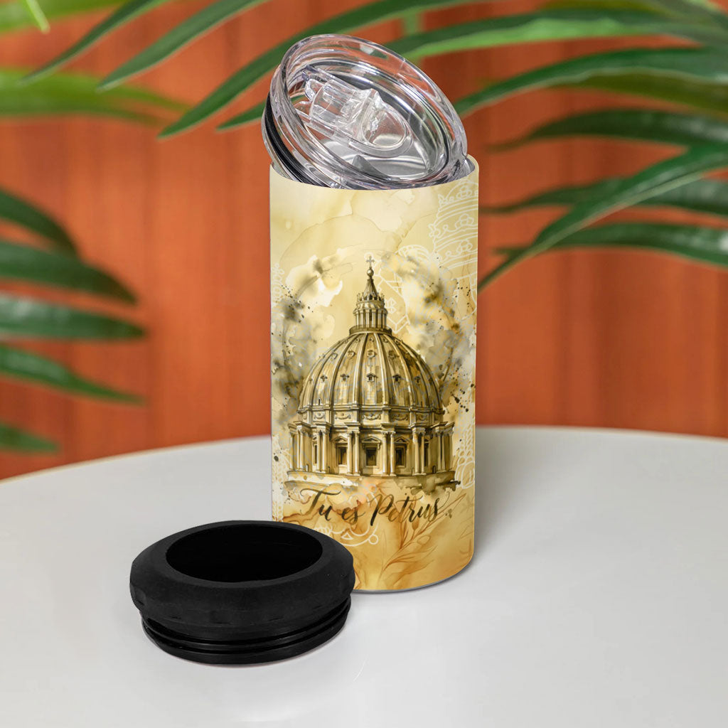 Vatican City St Peters Basilica 4 in 1 Can Cooler Tumbler Papal Tiara - Tu Es Petrus Catholic Watercolor