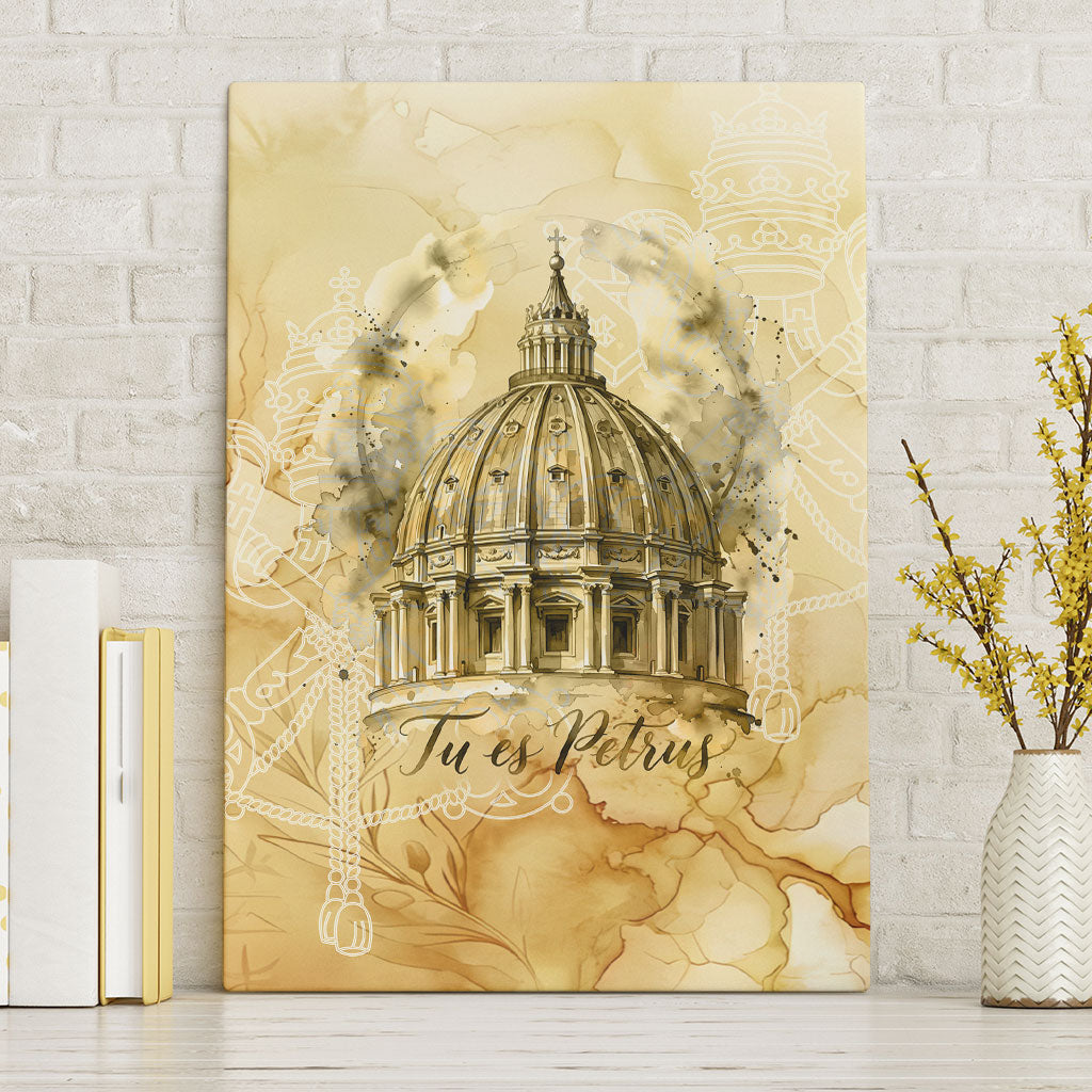 Vatican City St Peters Basilica Canvas Wall Art Papal Tiara - Tu Es Petrus Catholic Watercolor