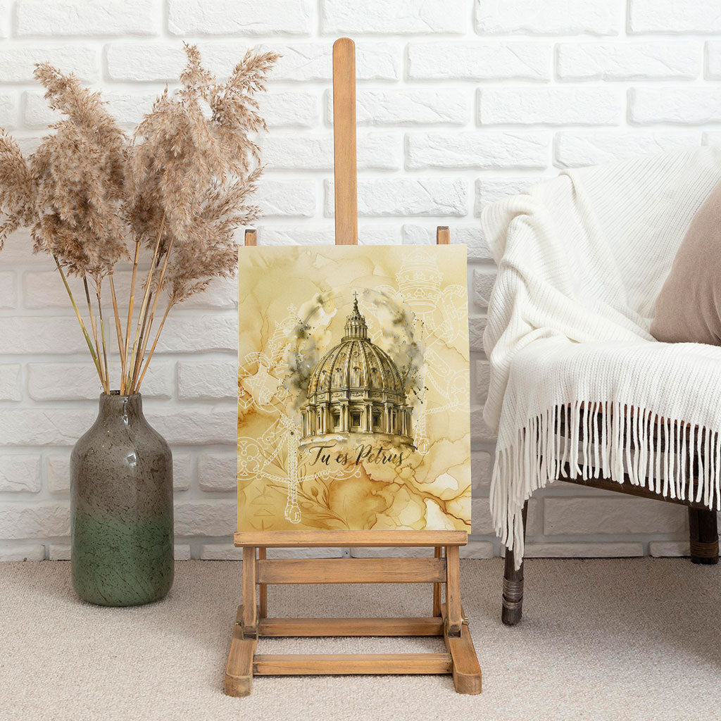 Vatican City St Peters Basilica Canvas Wall Art Papal Tiara - Tu Es Petrus Catholic Watercolor
