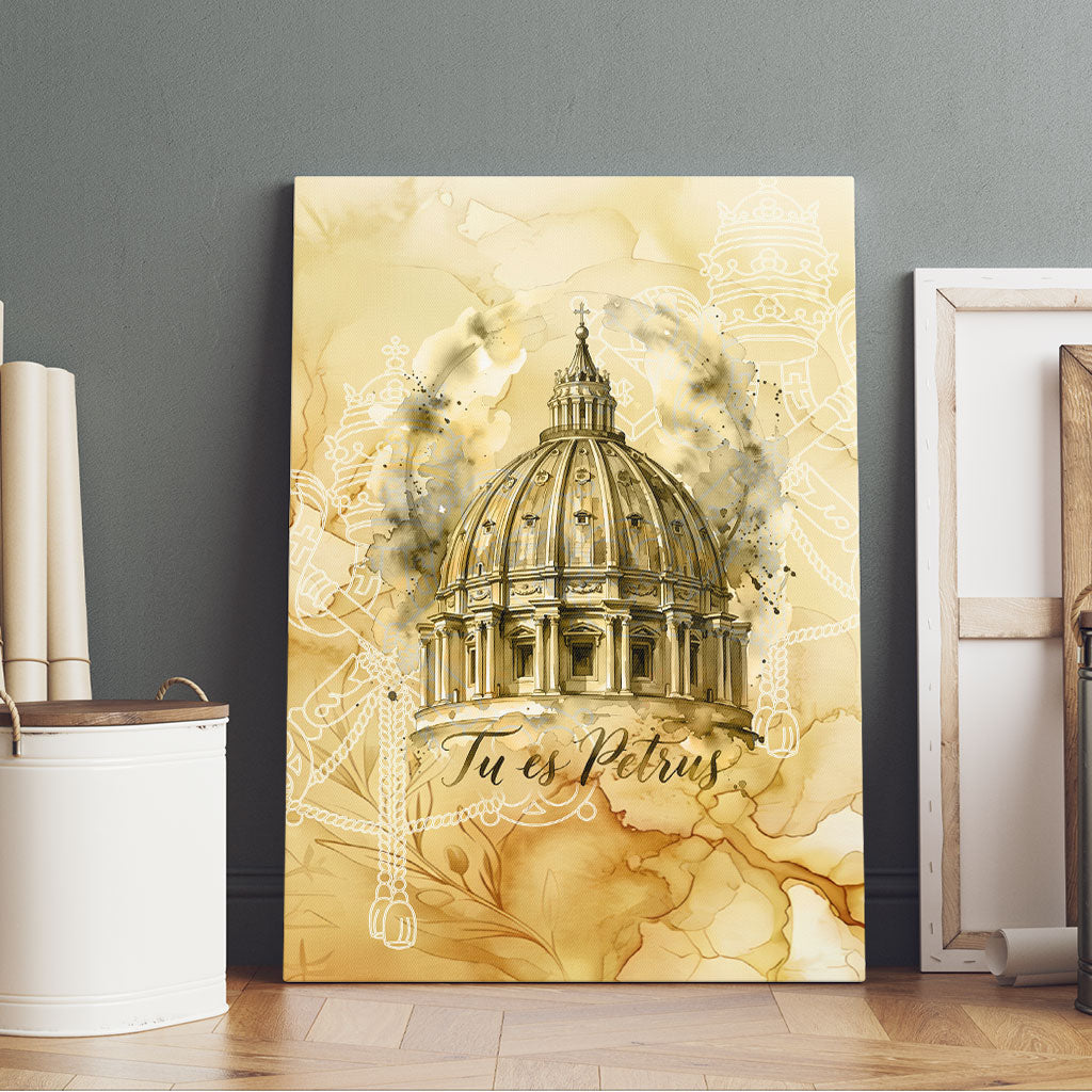 Vatican City St Peters Basilica Canvas Wall Art Papal Tiara - Tu Es Petrus Catholic Watercolor