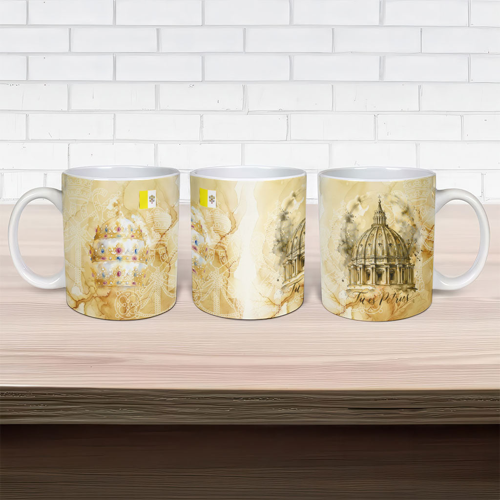 Vatican City St Peters Basilica Ceramic Mug Papal Tiara - Tu Es Petrus Catholic Watercolor