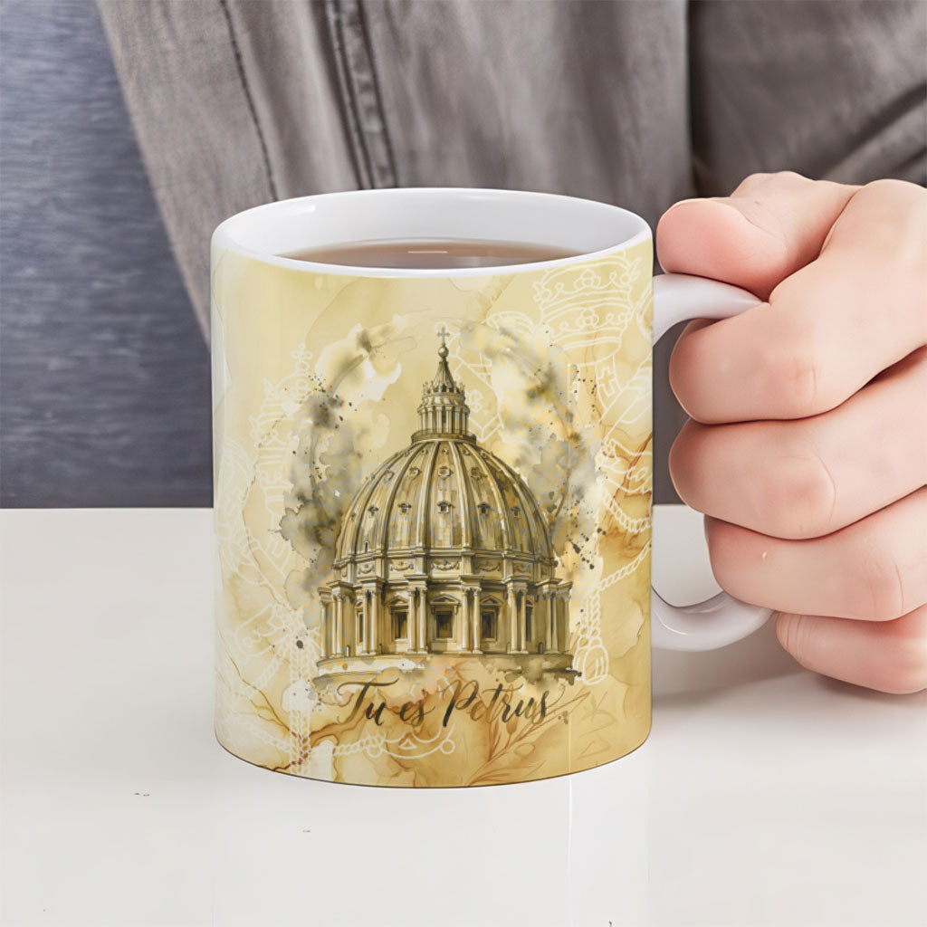 Vatican City St Peters Basilica Ceramic Mug Papal Tiara - Tu Es Petrus Catholic Watercolor