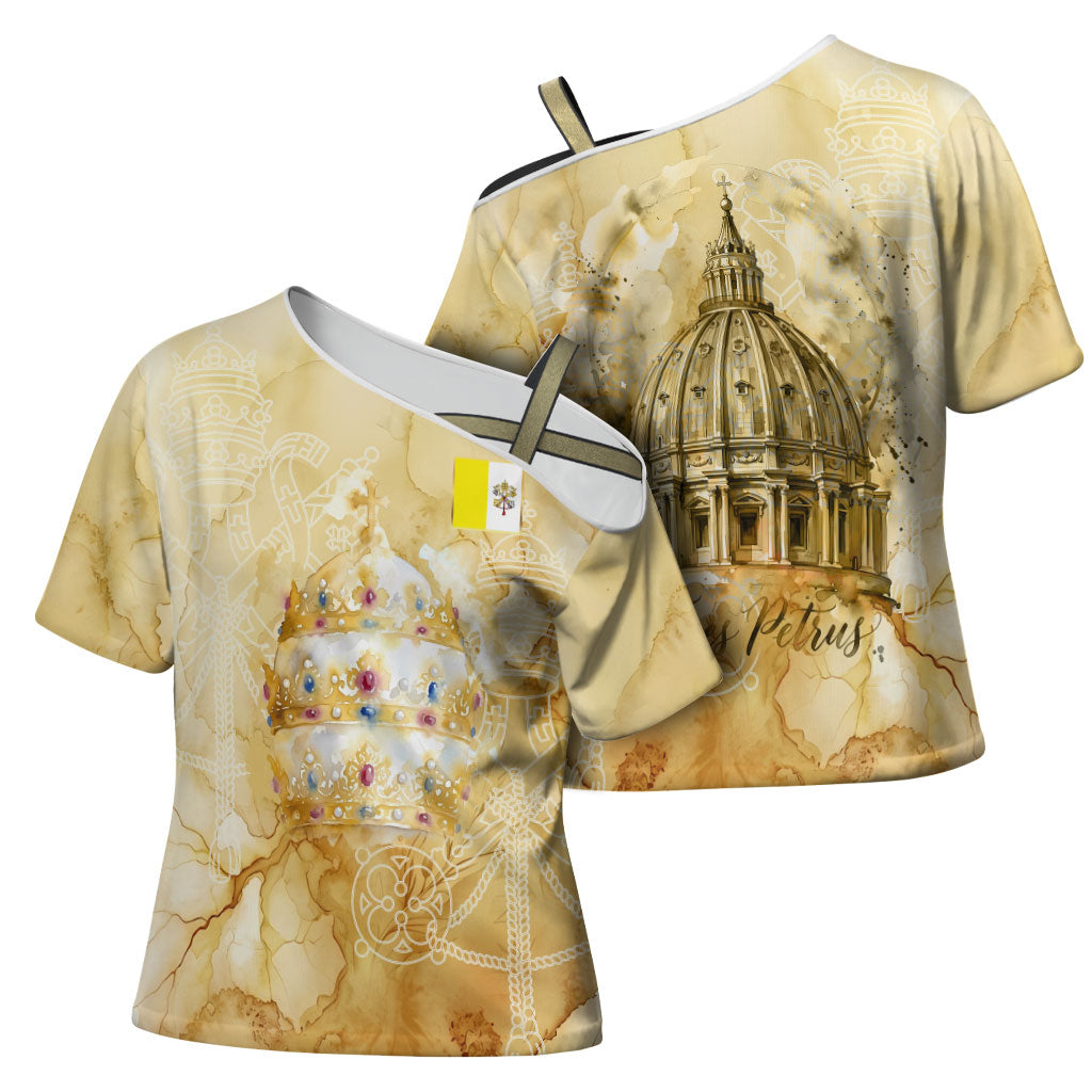 Vatican City St Peters Basilica Cross Shoulder Shirt Papal Tiara - Tu Es Petrus Catholic Watercolor